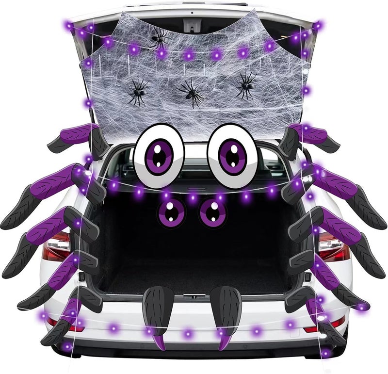HEORIM Halloween Trunk Or Treat Car Decorations Kit, 19Pcs Spider Design Stickers with Spider Web and LED Lights, Trunk or Treat Decorations for SUV Garage Door Entryway Archway Party Supplies - Image 1